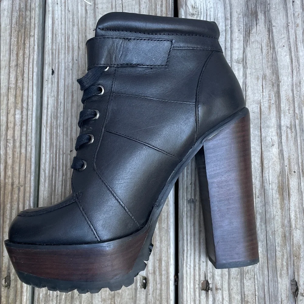 Steve Madden Deluxe Black Leather Platform Ankle Boots Chunky Block Heel Size 8
